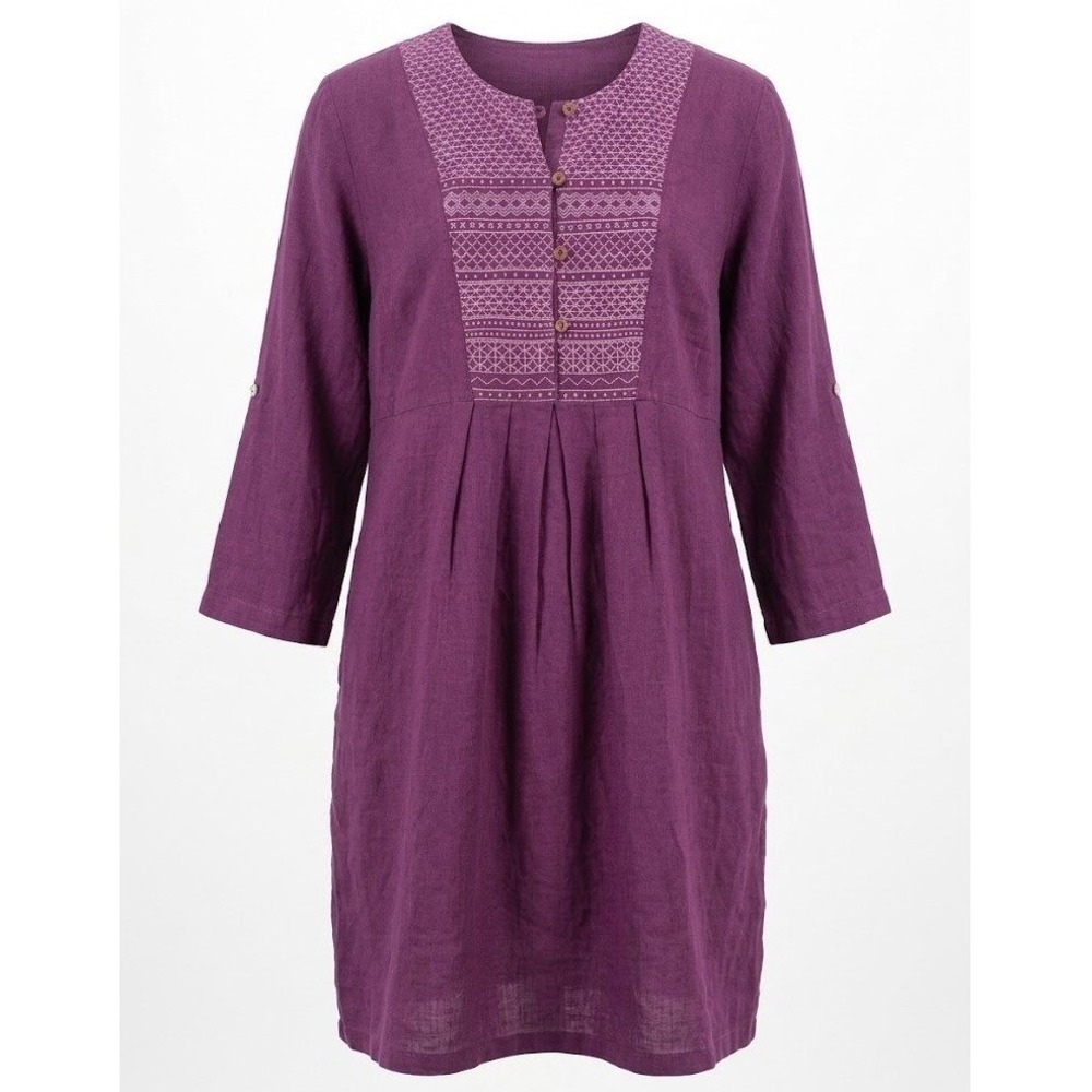 Gudrun Sjoden Purple 100% Linen Embroidered V-Neck Tunic Dress XXL 2XL Pockets